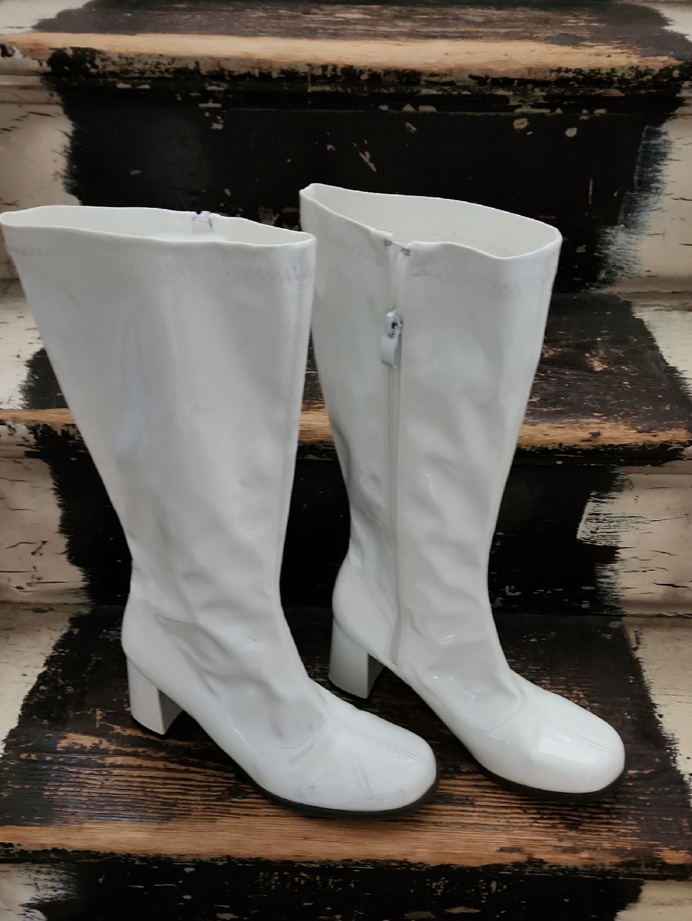 White Mid-Calf Patent Block Heel Boots - Women